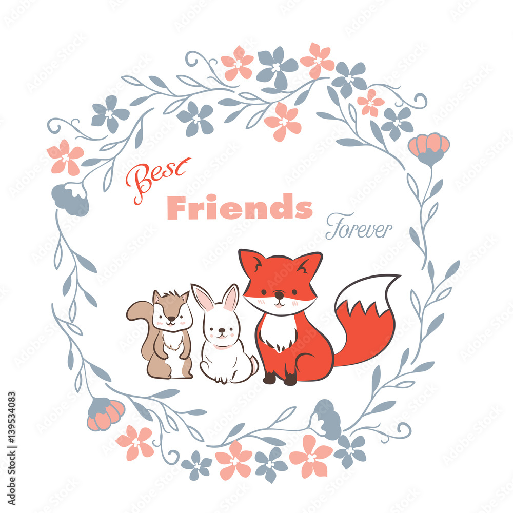 doodle set of best friends forever, cute fox, rabbit and  squirrel in floral frames hand drawing vector illustration for kid  t-shirt print, greeting and invitation card