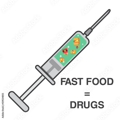 syringe and fast food, drug, dependence, food, vector image, flat design, outline style
