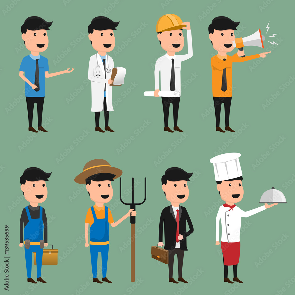 Cartoon character of occupation vector illustration. engineering. technician. doctor. marketing. farmer. business man. Cartoon character of occupation vector illustration. engineering. technician. doctor. marketing. farmer. business man.