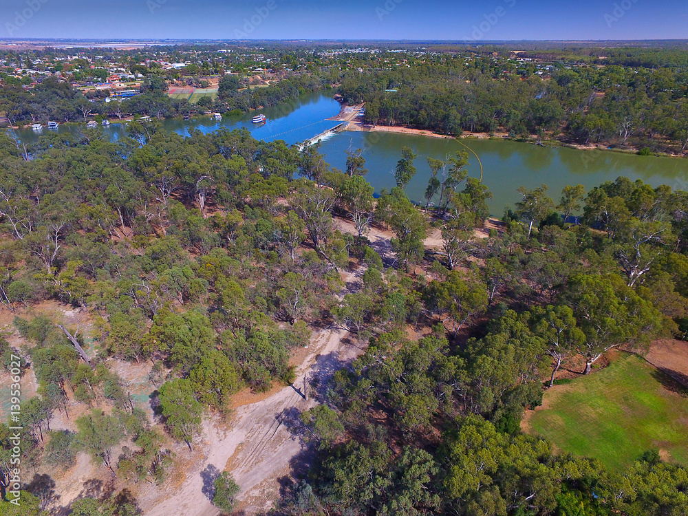 Aerial view of Mildura Weir. Location: River Murray, Mildura, Victoria. Murray River Locks.
Aerial view of Mildura Weir. Location: River Murray, Mildura, Victoria. Murray River Locks.