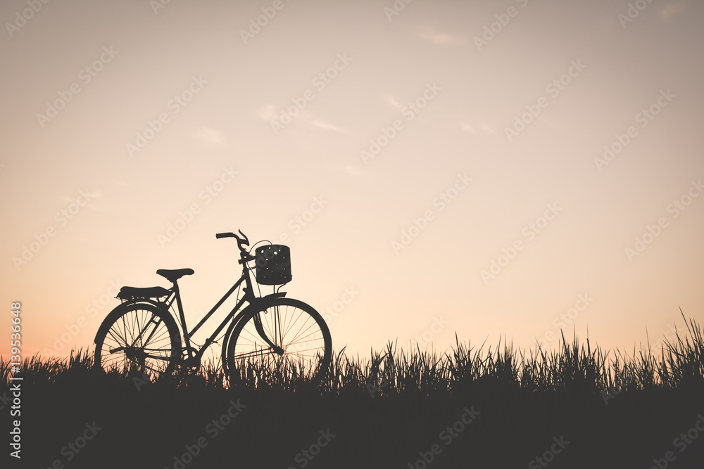 Silhouette of old bicycle on grass with the sky sunset, color of vintage tone and soft focus concept journey Silhouette of old bicycle on grass with the sky sunset, color of vintage tone and soft focus concept journey
