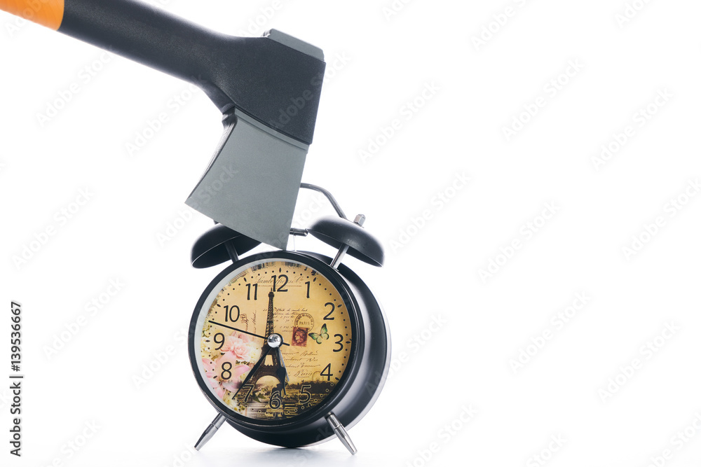 Ax breaking black alarm clock, isolated on white background with copy space.