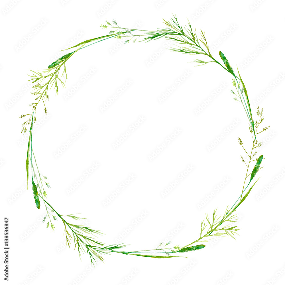 Wreath of a meadow herbs. Garland of a spike and timothy grass. Watercolor hand drawn illustration. Wreath of a meadow herbs. Garland of a spike and timothy grass. Watercolor hand drawn illustration.
