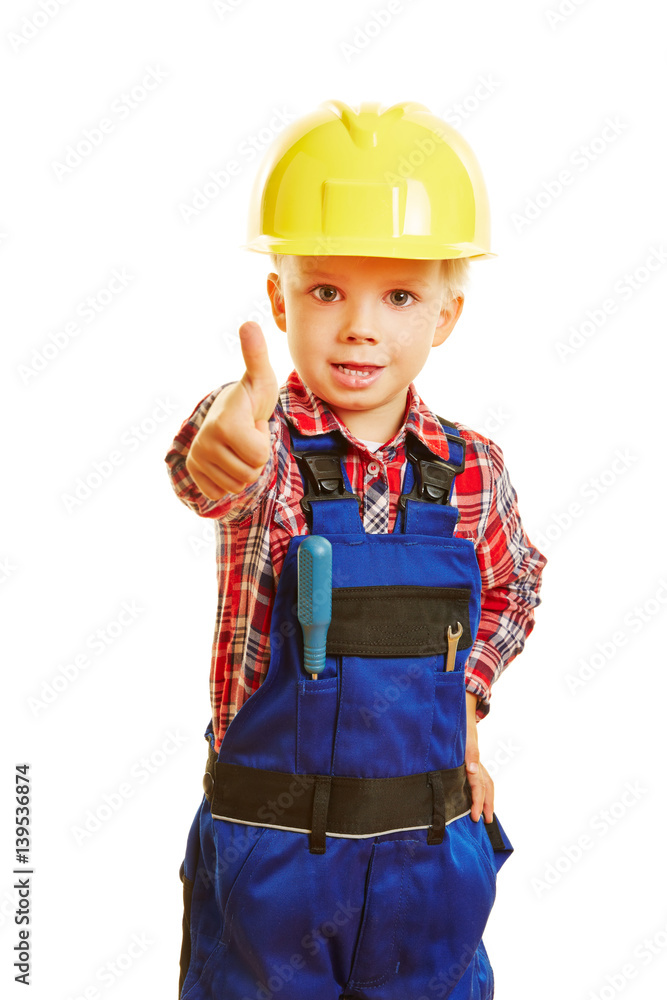 Bauarbeiter Kind hält Daumen hoch Stock-Foto