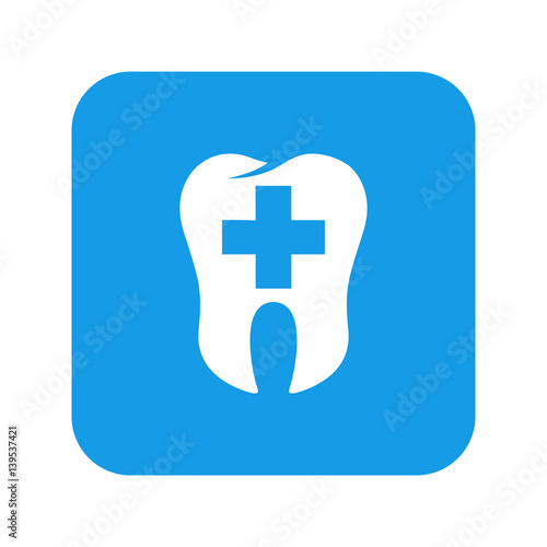 Icono plano logotipo dentista en cuadrado azul en fondo blanco