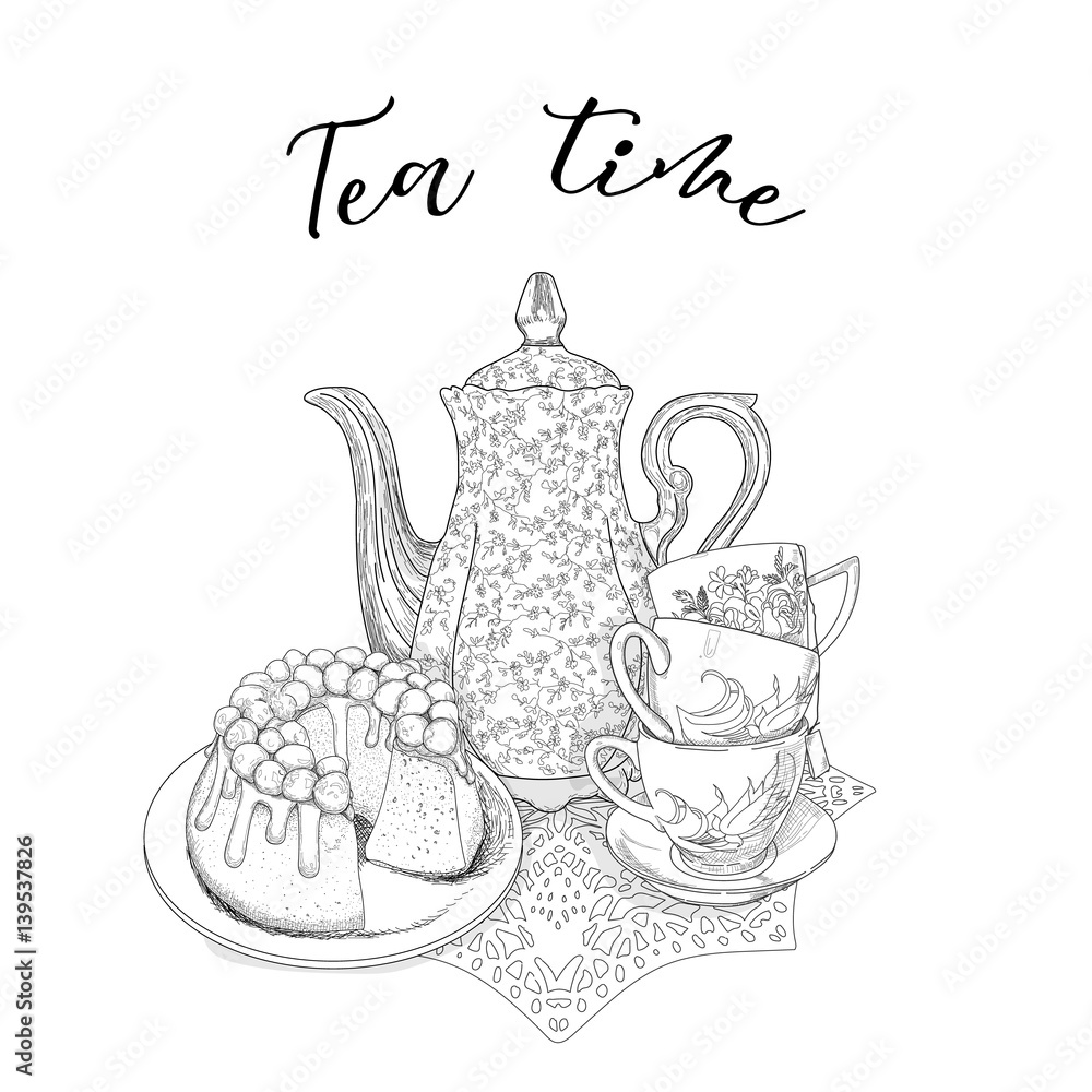 Tea time. Tea and delicious cupcake to tea party. Vector illustration