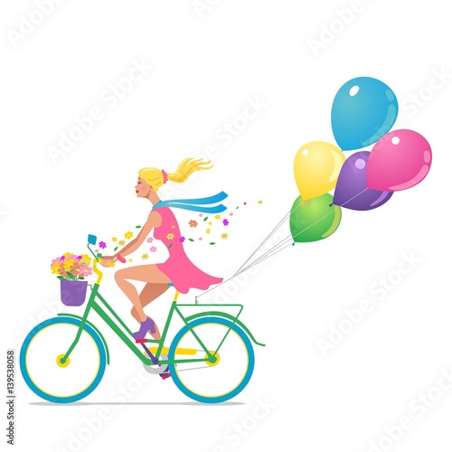 Woman on bicycle with baloons and flowers - colorful