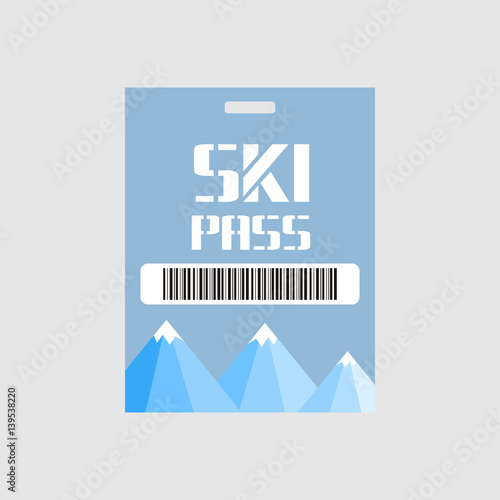 Ski pass vector illustration. Blank ski pass template with barcode. mountains and snow on the background. Horizontal layout.