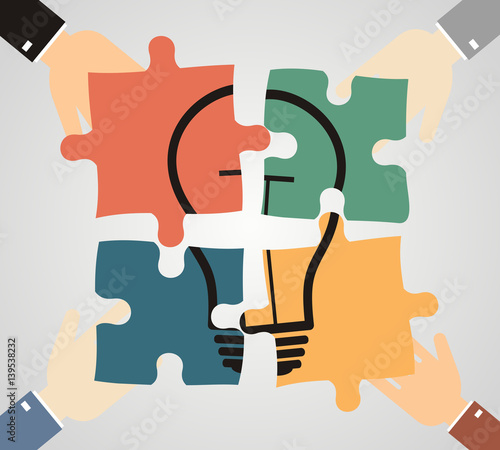 Hands putting piece into light bulb shaped puzzle. Idea, business, solution, creativity, genius concept. Flat style. vector illustration