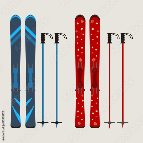 set of ski and ski sticks - winter equipment - vector illustration