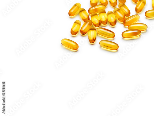 Many capsules Omega 3 on white background. Copy space for your text. High resolution product. Health care concept