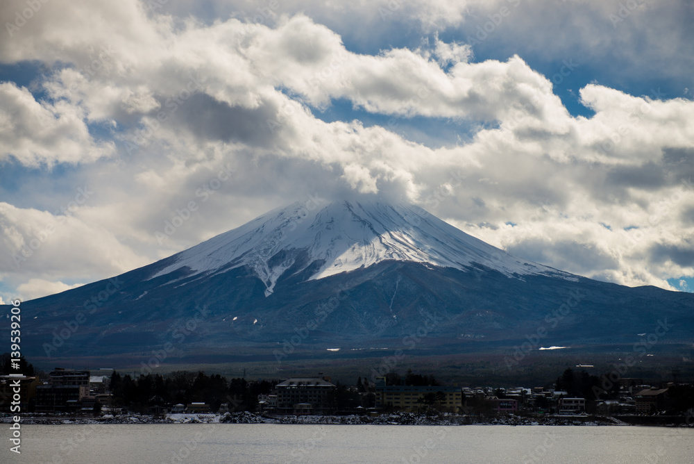 Mt. Fuji with Lake Kawaguchiko in Japan.