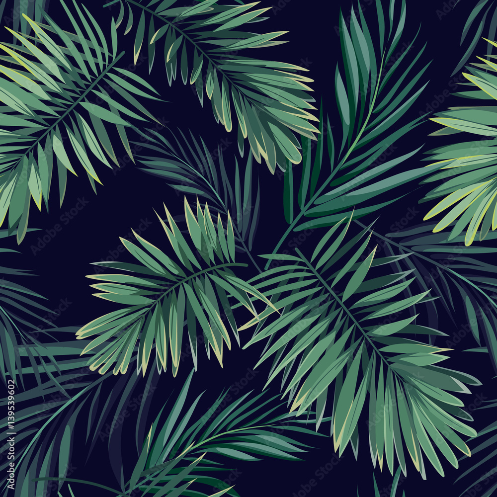 Dark tropical background with jungle plants. Seamless vector tropical pattern with green phoenix palm leaves.