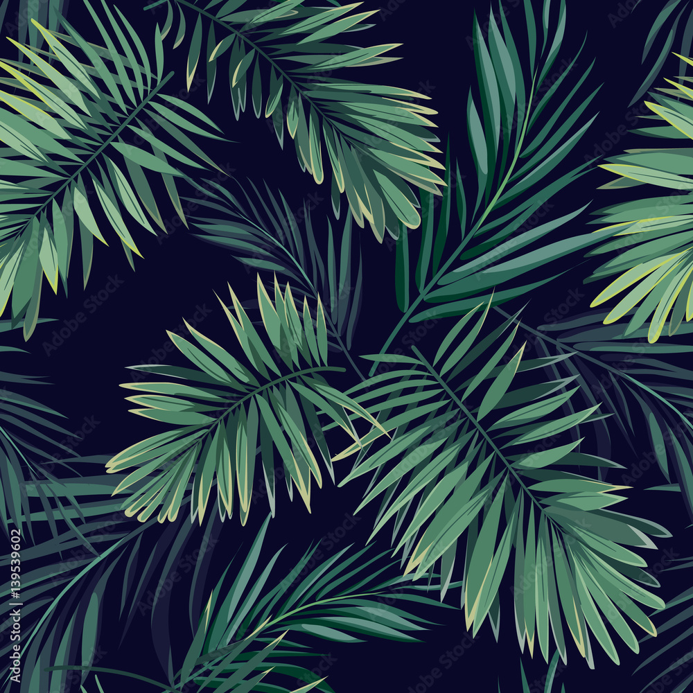 Dark tropical background with jungle plants. Seamless vector tropical ...