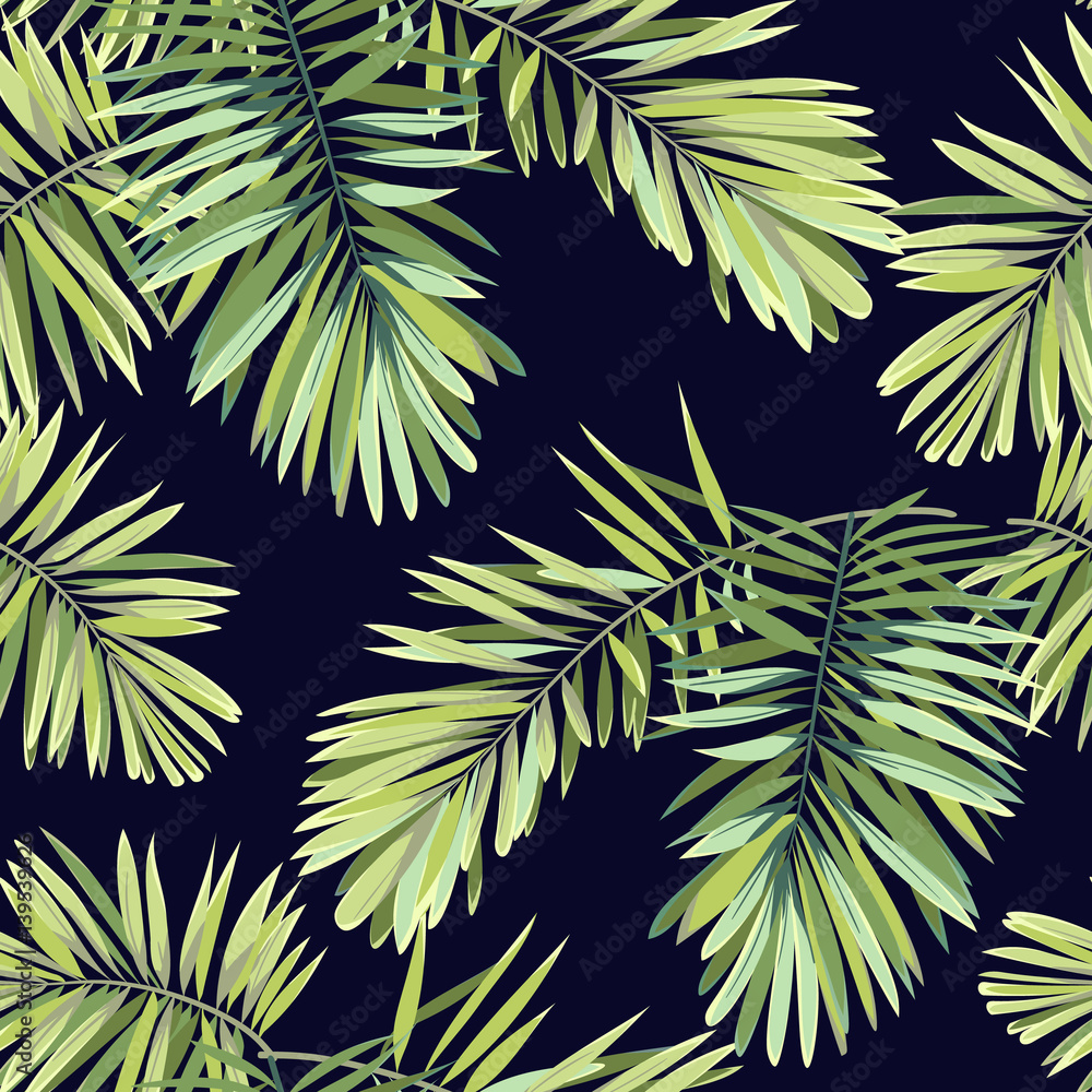 Fototapeta premium Bright tropical background with jungle plants. Seamless vector exotic pattern with green phoenix palm leaves.