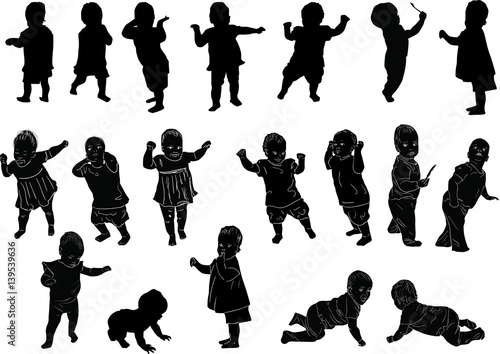 nineteen child silhouettes collection isolated on white