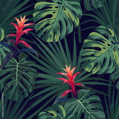 Exotic tropical background with hawaiian plants and flowers. Seamless vector pattern with green monstera and sabal palm leaves, guzmania flowers.