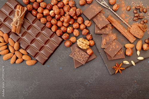 Chocolate pieces, cocoa powder, cinnamon, almonds, filbert, anise star