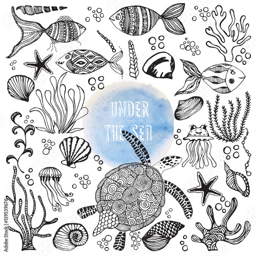 Set of hand drawn sea dwellers.