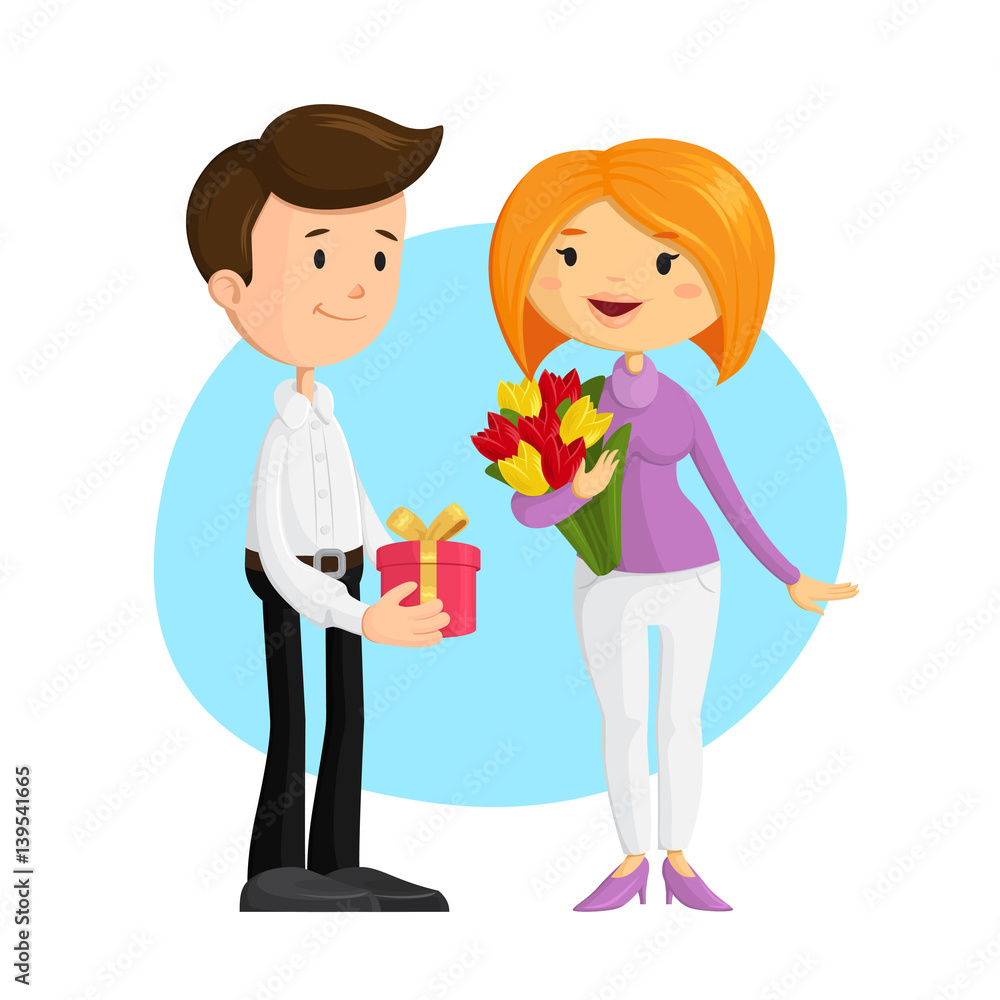 Cute man gives present to woman with bouquet of flowers. Vector illustration in cartoon style of office workers Cute man gives present to woman with bouquet of flowers. Vector illustration in cartoon style of office workers