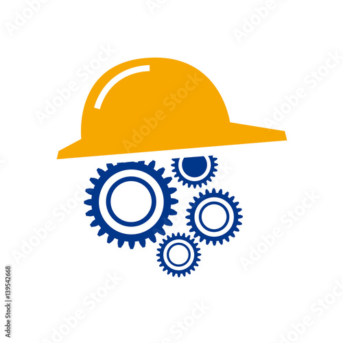 Vector illustration, safety work concept. Gears with helmet