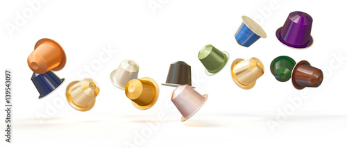  3d image of a series of colored coffee capsules, moving objects. nobody around. photo