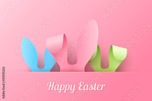 Vector Happy Easter Greeting Card with Color Paper Easter Ears on Pink  Background