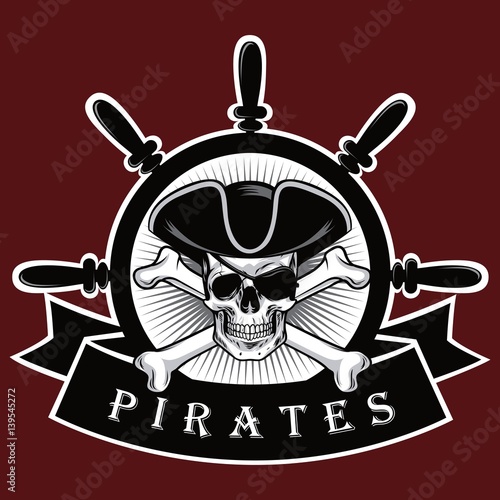 Pirate Skull With Cross Bones Hat And Eyepatch Red Background Logo Design Vector Illustration