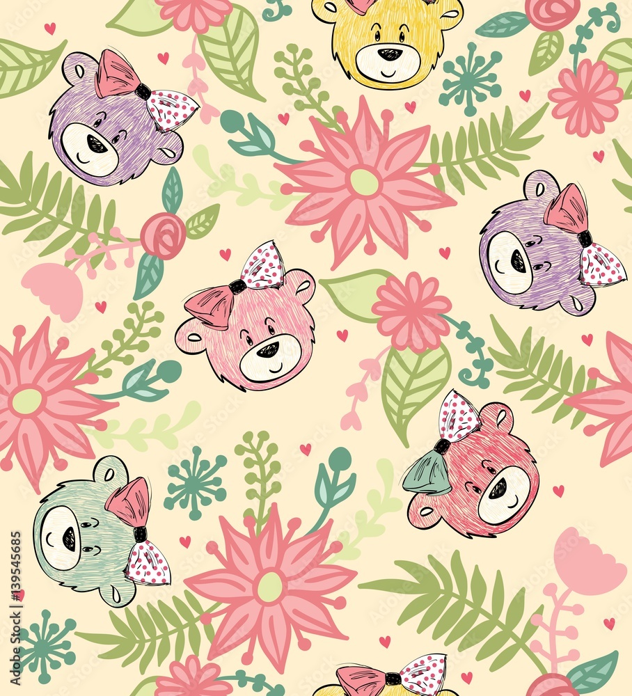 Vector seamless pattern with bears and flowers Vector seamless pattern with bears and flowers