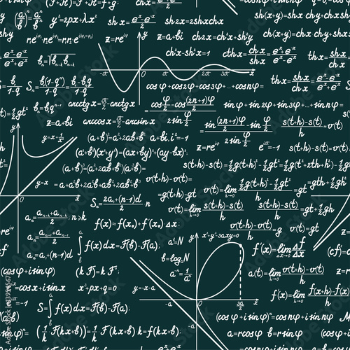 Vector mathematics seamless pattern with different signs, figures, formulas and graphs of functions. Math green chalkboard background