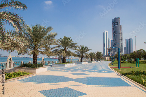 Photography Corniche with palm trees in the city of Abu Dhabi, UAE