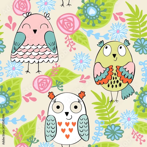 Fototapeta Wektorowy bezszwowy wzór z sowami i kwiatami