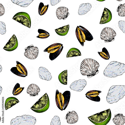 Vector seamless pattern of seafood.Clams, oyster and lime. Hand drawn engraved icons. Colored objects.
