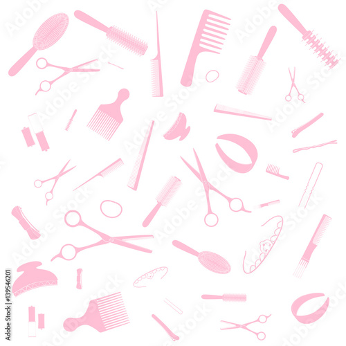 Hairdresser equipment pattern. Pink images, white background.