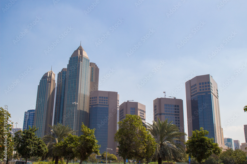 view from the Abu Dhabi Corniche on modern Skyscrapers of Abu Dhabi, UAE