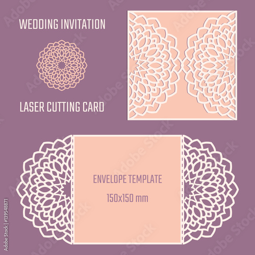 DIY laser cutting vector envelope. Wedding die cut invitation template. Cutout silhouette card. Fretwork envelope. Paper cutting. Scrapbook cutout template.
