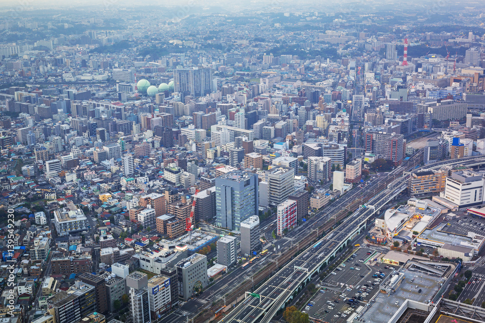 Aerial view of Yokohama city at dusk, Japan