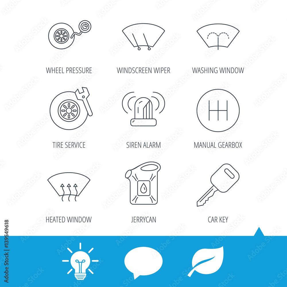 Manual gearbox, tire service and car key icons. Siren alarm, jerrycan and wheel pressure linear signs. Window washing, wiper and heated icons. Light bulb, speech bubble and leaf web icons. Vector Manual gearbox, tire service and car key icons. Siren alarm, jerrycan and wheel pressure linear signs. Window washing, wiper and heated icons. Light bulb, speech bubble and leaf web icons. Vector