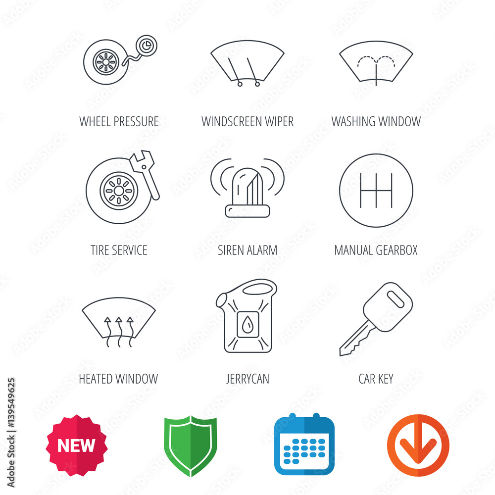 Manual gearbox, tire service and car key icons. Siren alarm, jerrycan and wheel pressure linear signs. Window washing, wiper and heated icons. New tag, shield and calendar web icons. Download arrow Manual gearbox, tire service and car key icons. Siren alarm, jerrycan and wheel pressure linear signs. Window washing, wiper and heated icons. New tag, shield and calendar web icons. Download arrow