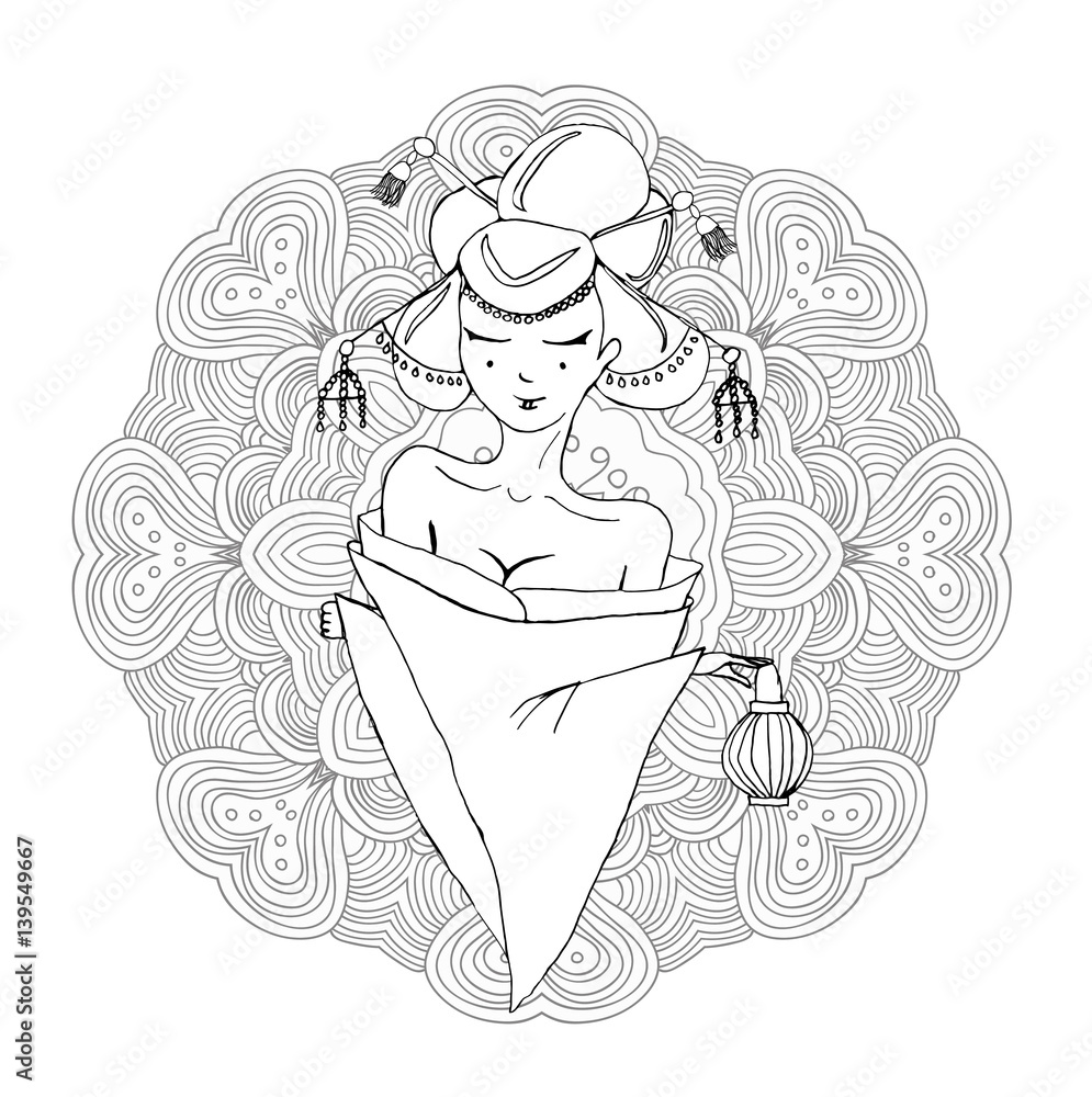 Stylized vector illustration of a beautiful geisha girl. Japanese girl. Zentangle. Doodle style. Can be used as adult coloring book, coloring page, card. Mandala Stylized vector illustration of a beautiful geisha girl. Japanese girl. Zentangle. Doodle style. Can be used as adult coloring book, coloring page, card. Mandala