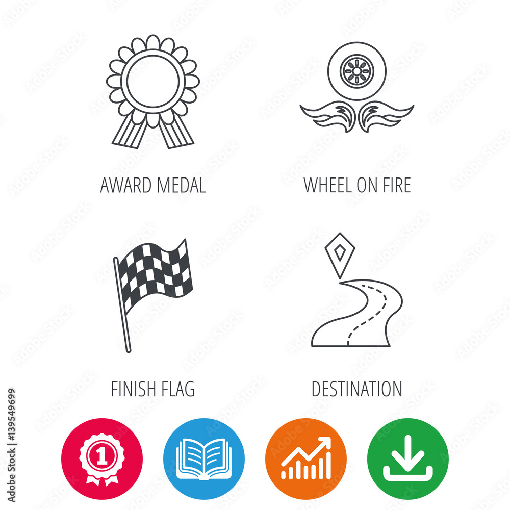 Winner award medal, destination and flag icons. Race flag, wheel on