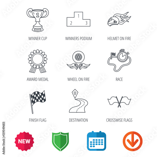 Winner cup and podium, award medal icons. Race flag, motorcycle helmet and timer linear signs. Destination pointer flat line icons. New tag, shield and calendar web icons. Download arrow. Vector