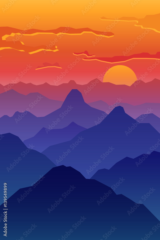 Abstract image of a sunset, the dawn sun in the mountains