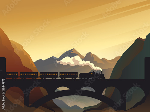 Train on railway bridge with outdoor landscape
