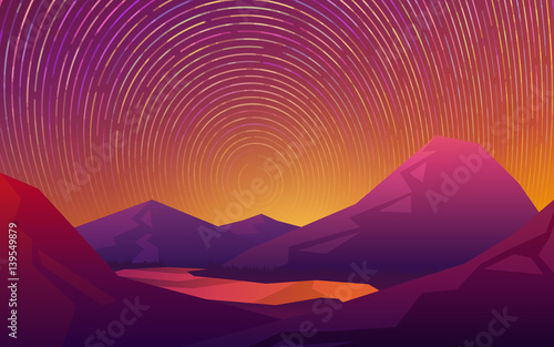 Abstract image of starry sky in the mountains in red colors.