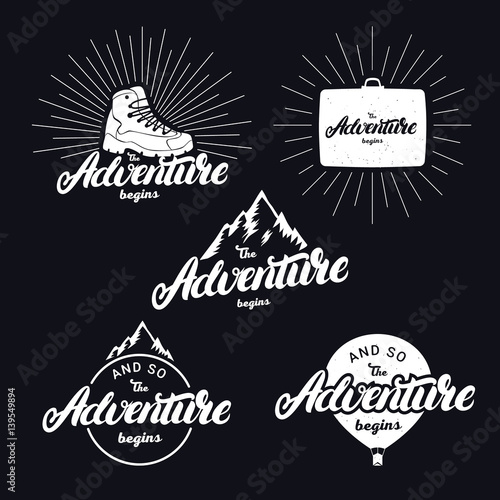 Set of the adventure begins hand written lettering phrase.