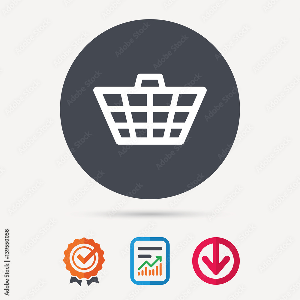 Basket icon. Shopping cart symbol. Report document, award medal with tick and new tag signs. Colored flat web icons. Vector Basket icon. Shopping cart symbol. Report document, award medal with tick and new tag signs. Colored flat web icons. Vector