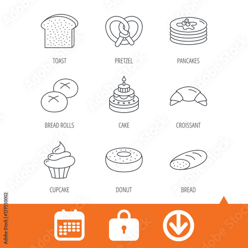 Croissant, pretzel and bread icons. Cupcake, cake and sweet donut linear signs. Pancakes, toast and bread rolls flat line icons. Download arrow, locker and calendar web icons. Vector