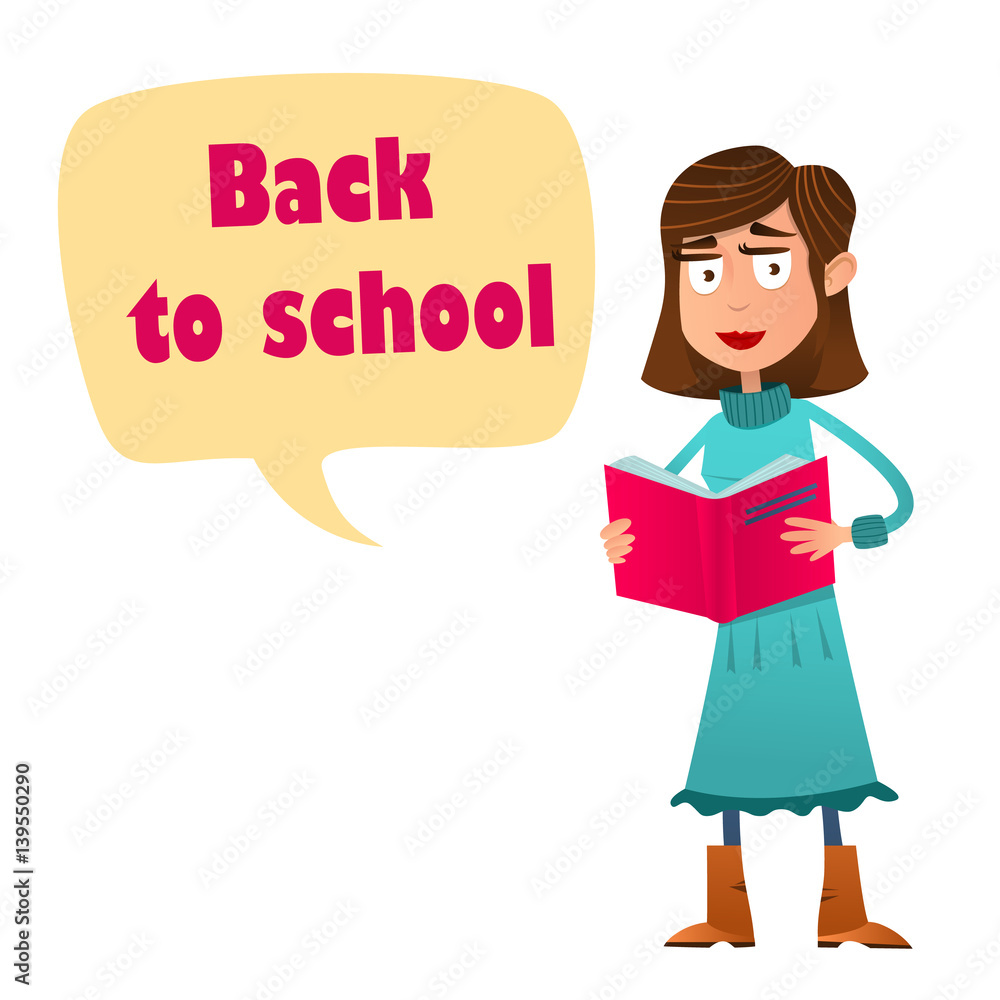 Cute young girl standing reading book. Cartoon style. Speech bubbles Back to school. Cute young girl standing reading book. Cartoon style. Speech bubbles Back to school.