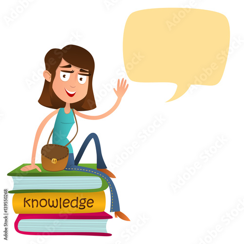 Cute girl teenager sitting on a pile of books and waving. flat style vector illustration isolated on white background. Speech bubbles. Smart kid.